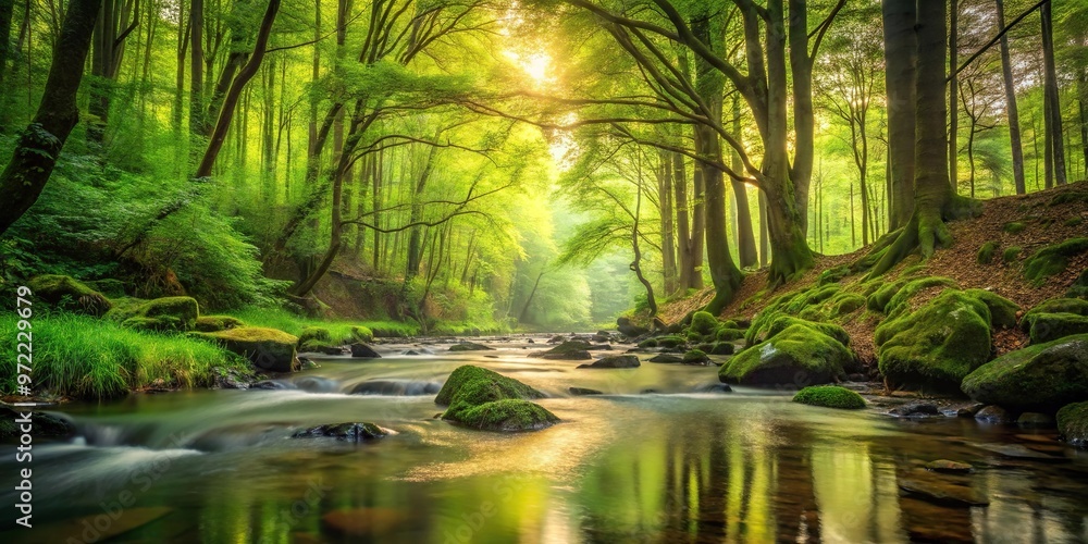 Calm woodland stream flowing through a lush forest Low Angle Calm woodland stream flowing through a lush forest Low Angle