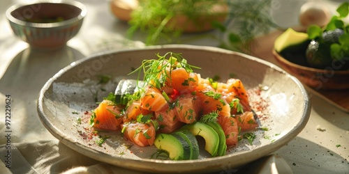 Salmon Tartare with Avocado on a Neutral Surface in a Bright Still Life Arrangement