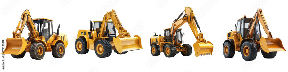3D icon of a backhoe loader with a front bucket and rear digger, on a transparent background. 3D icon of a backhoe loader with a front bucket and rear digger, on a transparent background.