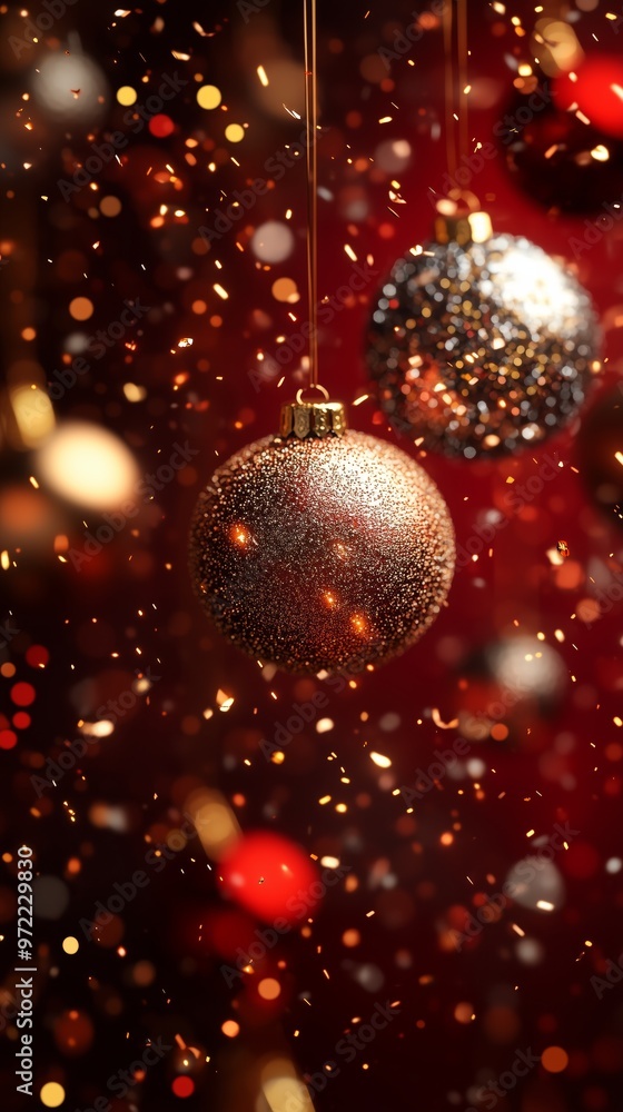 Obraz premium falling golden and silver glittering Christmas bauble, confetti flying around
