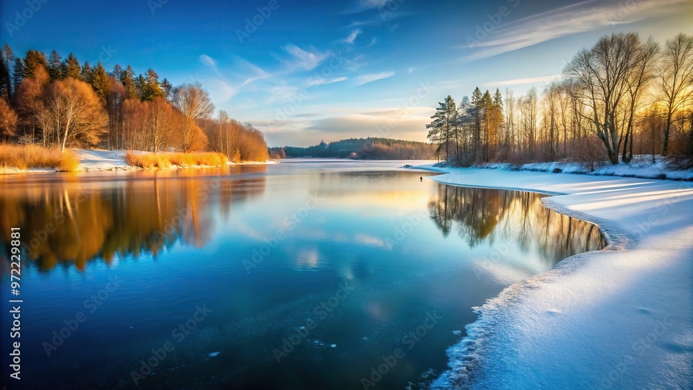 Calming winter lake landscape with frozen lake at a tilted angle Calming winter lake landscape with frozen lake at a tilted angle