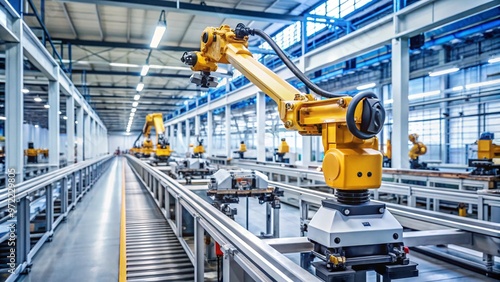 Industrial robot using cameras and sensors to check product quality on a fast-moving production line, [quality control], [smart factory technology] 