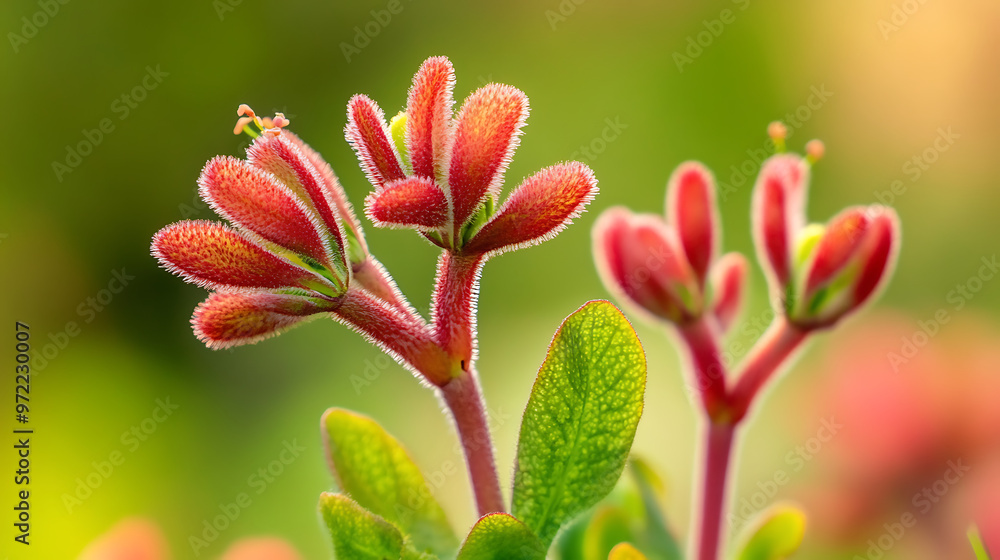 A close-up of the iconic kangaroo paw plant with its unique red and green flowers, set in a natural habitat A close-up of the iconic kangaroo paw plant with its unique red and green flowers, set in a natural habitat