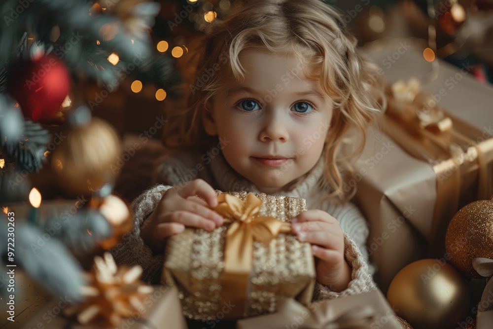Cute little girl holding a golden present surrounded by Christmas decorations, representing joy and holiday spirit.