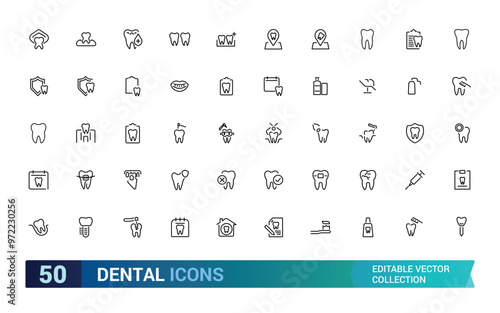 Dental editable stroke outline Icons set. Dentist, care, disease, teeth whitening, removal, broken, root canal, tooth filling and wisdom teeth. Linear icon collection. Vector illustration
