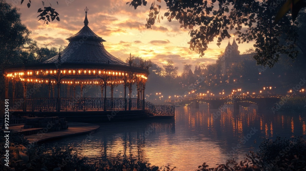 Obraz premium A serene gazebo by a river at sunset, adorned with lights, creating a peaceful atmosphere.