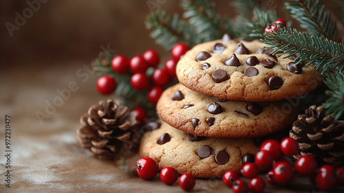 Christmas cookies. Cookies with chocolate chips. Christmas decor.