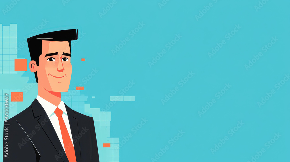 A vibrant cartoon illustration of a cheerful man in a suit, radiating positivity against a clean background. A vibrant cartoon illustration of a cheerful man in a suit, radiating positivity against a clean background.