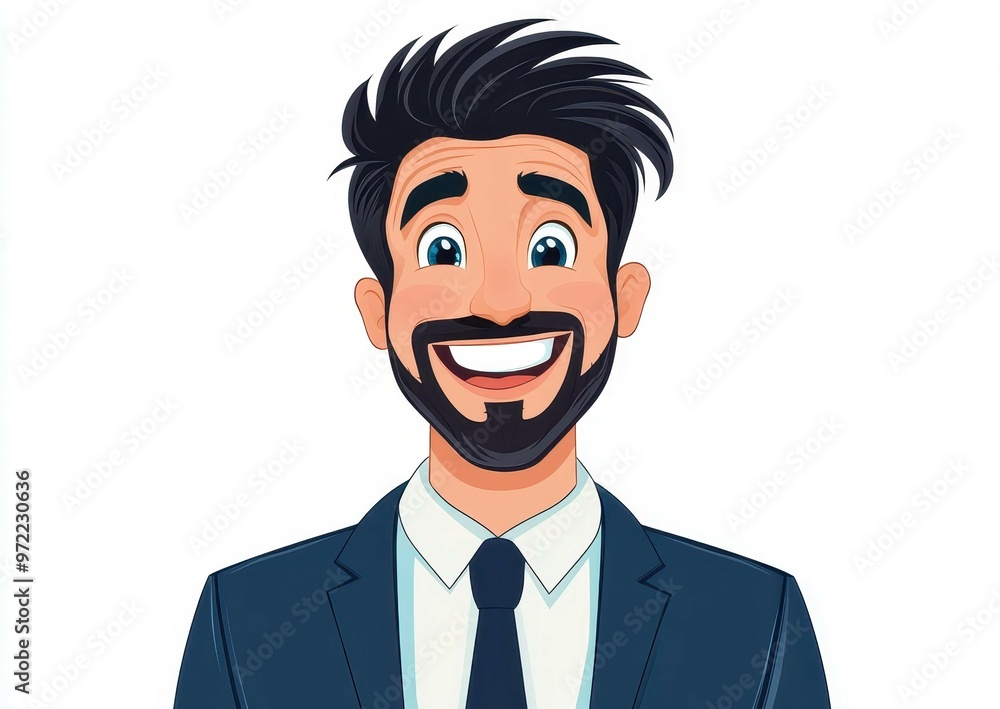 A vibrant D cartoon illustration of a cheerful man in a suit, radiating positivity against a clean background. A vibrant D cartoon illustration of a cheerful man in a suit, radiating positivity against a clean background.