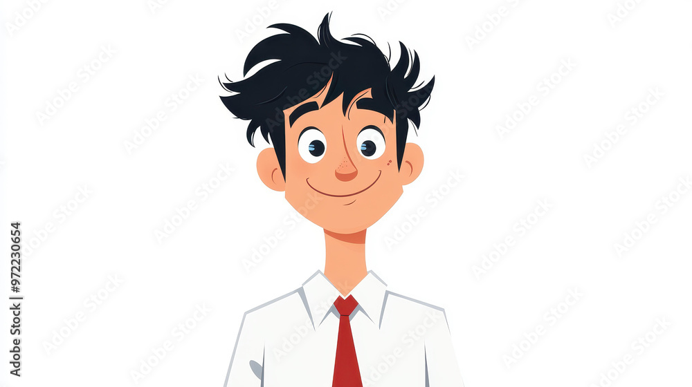 A vibrant cartoon portrays a joyful man in a white shirt and red tie, showcasing a trendy hairstyle against a clean backdrop. A vibrant cartoon portrays a joyful man in a white shirt and red tie, showcasing a trendy hairstyle against a clean backdrop.