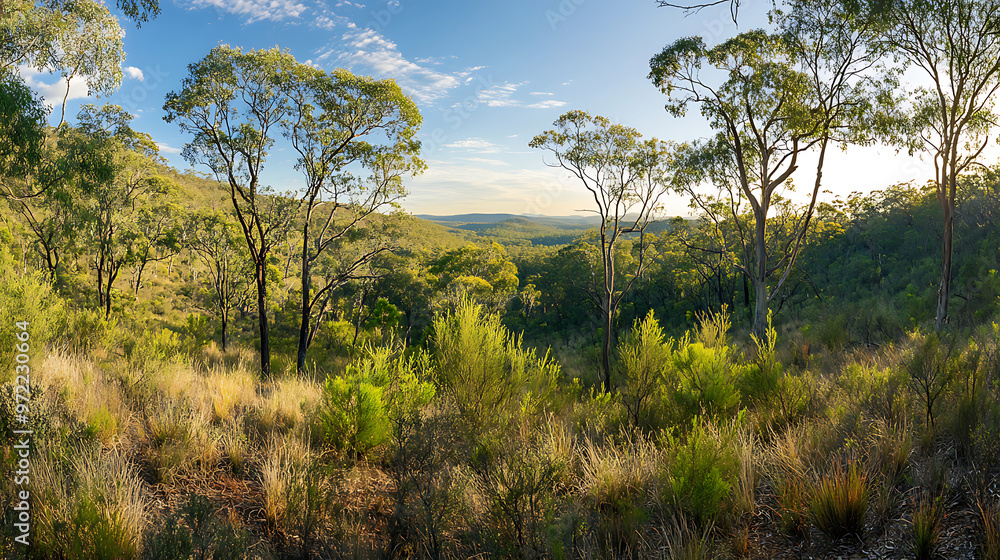 A panoramic view of an Australian bushland with dense shrubbery and a variety of native plants A panoramic view of an Australian bushland with dense shrubbery and a variety of native plants