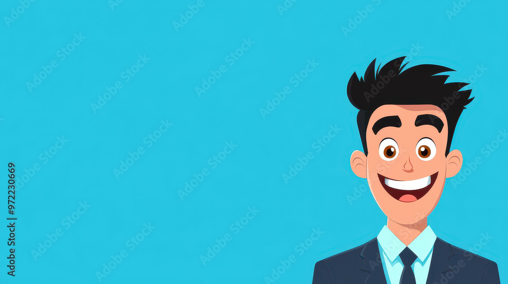 A vibrant cartoon caricature of a happy man in a suit, set against a clean, colorful background, radiating joy. A vibrant cartoon caricature of a happy man in a suit, set against a clean, colorful background, radiating joy.