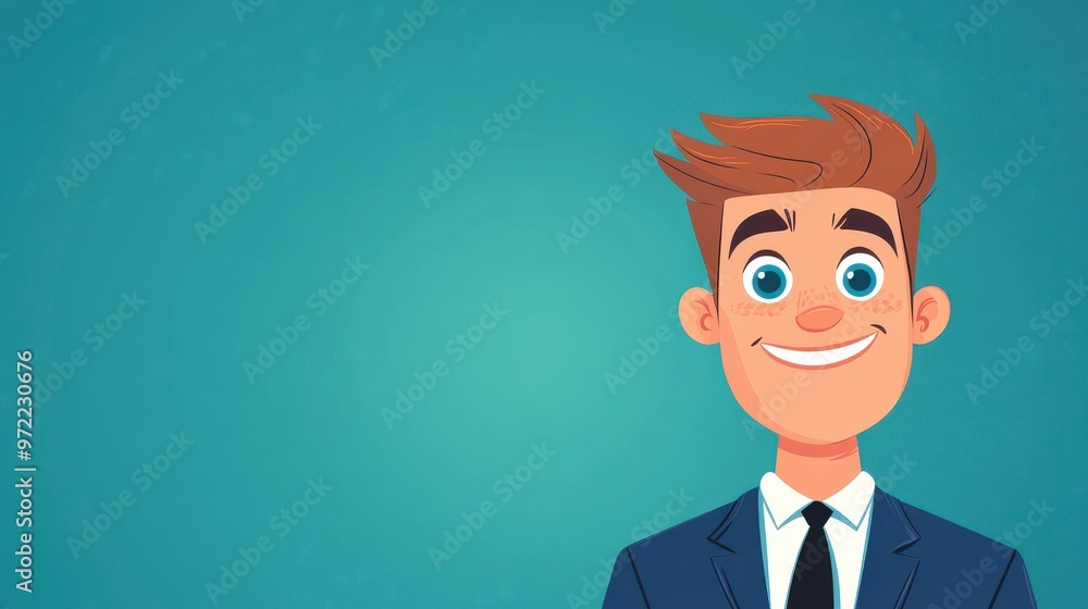 A fun D cartoon man in a suit with a black tie, radiating cheerfulness against a clean, bright backdrop. A fun D cartoon man in a suit with a black tie, radiating cheerfulness against a clean, bright backdrop.