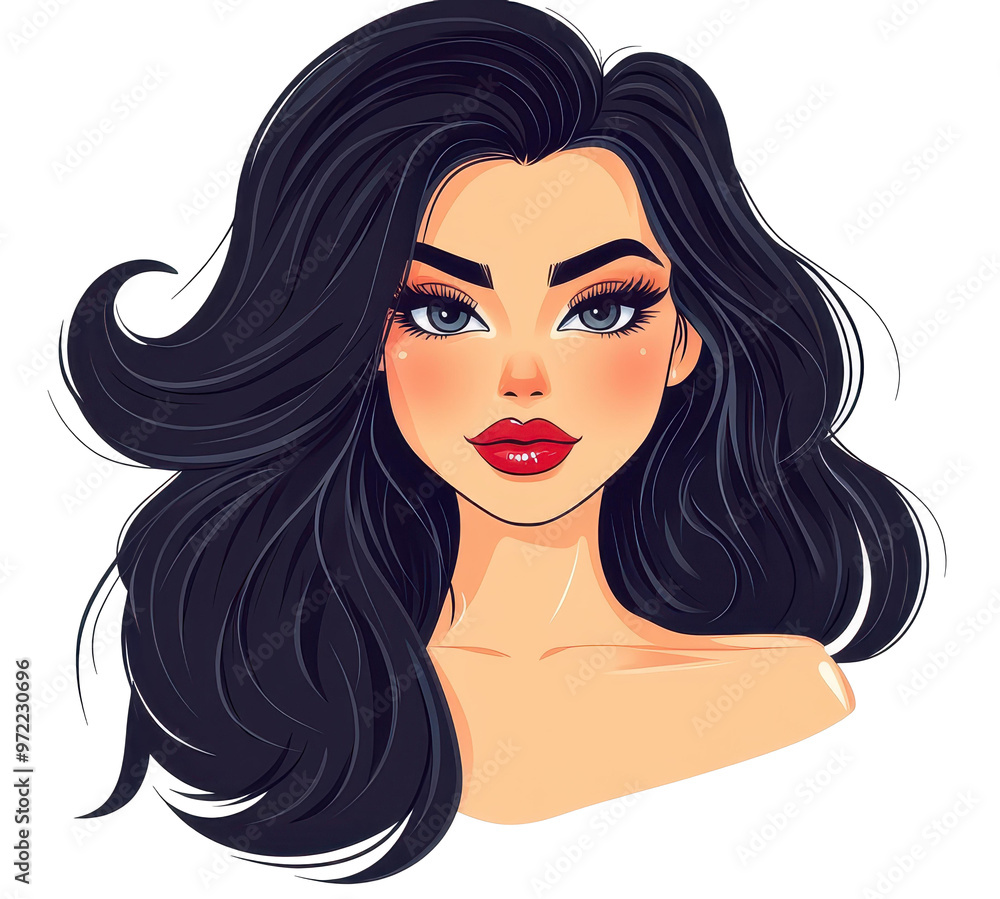 Bright and playful illustration of a cheerful girl with black hair and painted lips on a clean background. Bright and playful illustration of a cheerful girl with black hair and painted lips on a clean background.