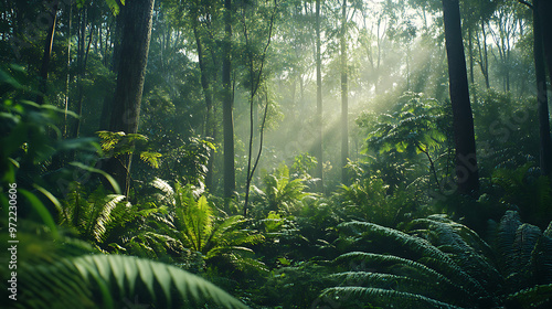 A lush Australian rainforest featuring ferns, towering trees, and thick vegetation thriving in the humid environment  photo