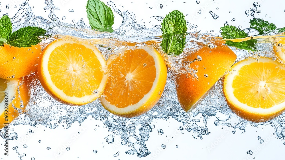 Orange slices and mint leaves splash in water with white background. Orange slices and mint leaves splash in water with white background.