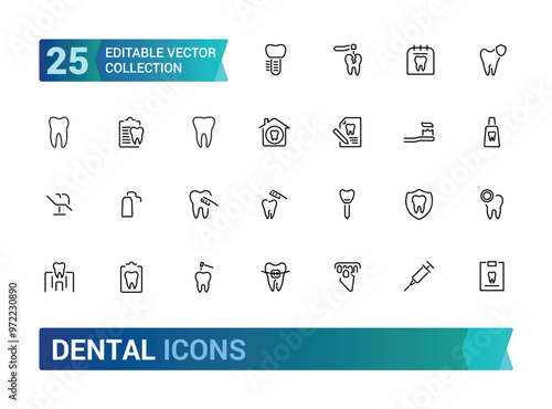 Dental editable stroke outline Icons set. Dentist, care, disease, teeth whitening, removal, broken, root canal, tooth filling and wisdom teeth. Linear icon collection. Vector illustration