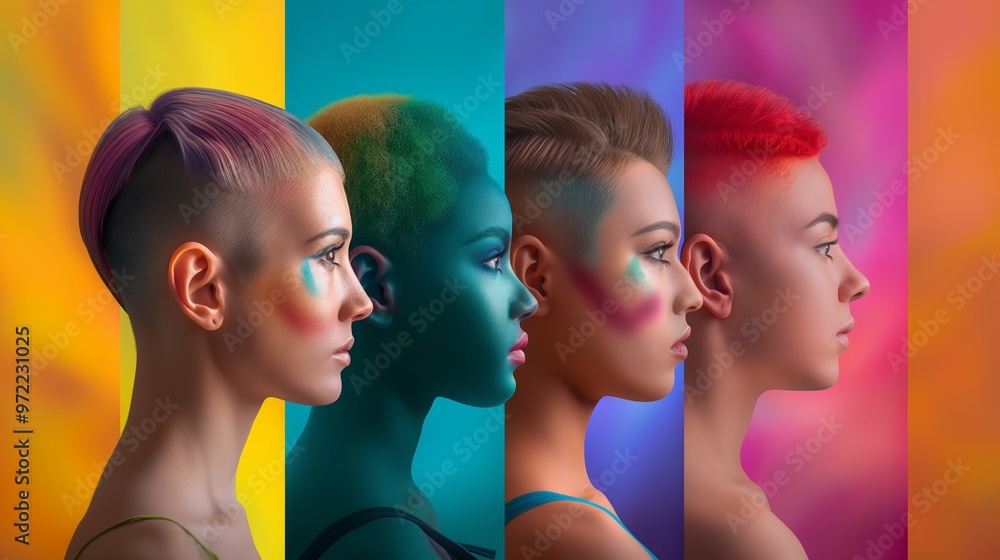 Obraz premium A group of four LGBT women standing against a vibrant rainbow-colored background, symbolizing unity and diversity.