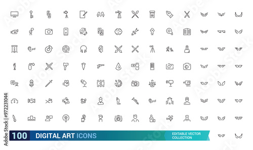 Digital Art outline icons collections, styles, examples, forms of art. Linear icon collection. Thin line editable stroke sign. Editable stroke. Vector illustration
