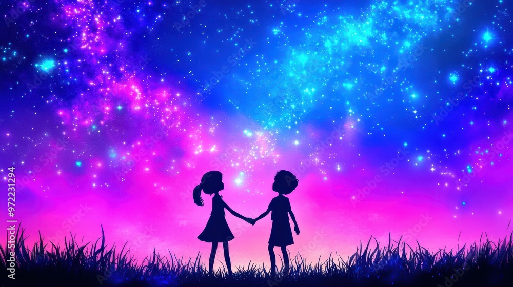 Siblings bond under a colorful sunset, gazing at a meteor shower, capturing the essence of childhood wonder in a vibrant meadow. Siblings bond under a colorful sunset, gazing at a meteor shower, capturing the essence of childhood wonder in a vibrant meadow.