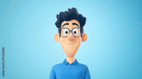 A cheerful cartoon man in a blue shirt and glasses beams with joy, showcasing a vibrant, happy demeanor in this 3D portrait.