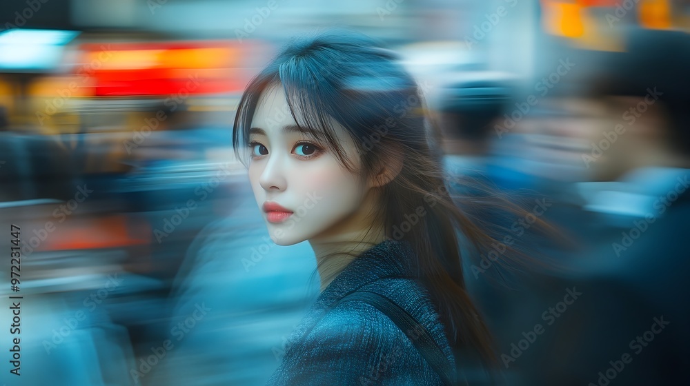 Elegant Japanese woman in modern attire walking through a blurred city crowd from a distance Elegant Japanese woman in modern attire walking through a blurred city crowd from a distance