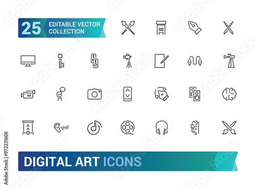 Digital Art outline icons collections, styles, examples, forms of art. Linear icon collection. Thin line editable stroke sign. Editable stroke. Vector illustration