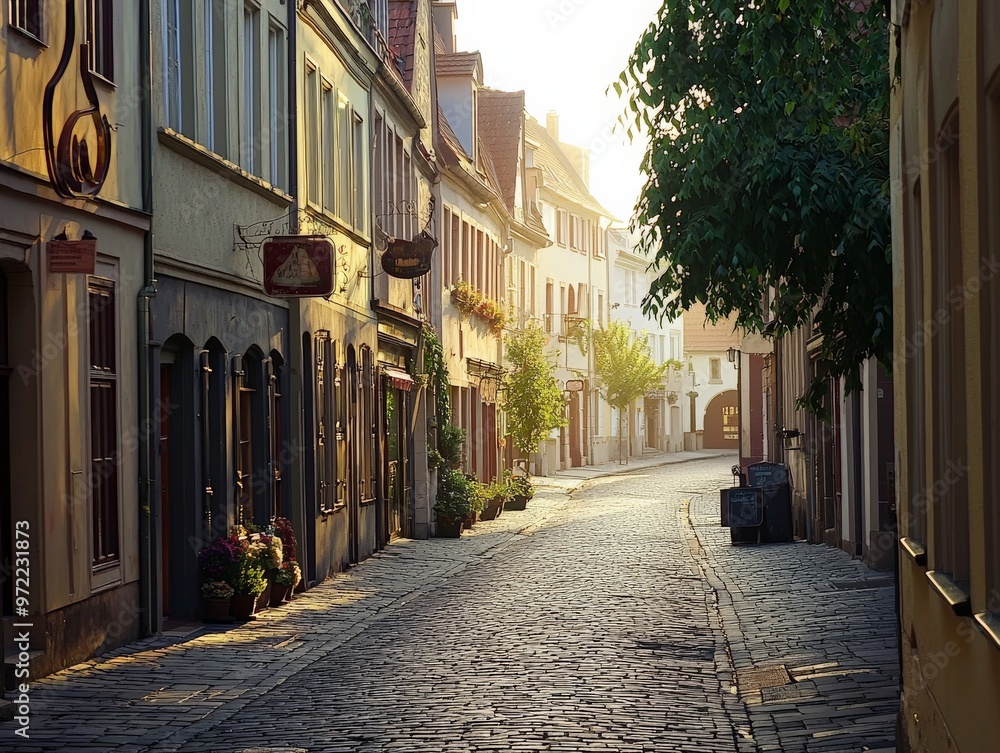 Obraz premium A peaceful morning in a small European city, with cobblestone streets, charming cafes opening their doors, and soft light illuminating historic buildings and quiet squares