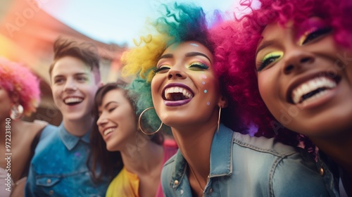 A cheerful LGBT activists of diverse gay people with colorful hair and makeup celebrate individuality and pride parade together.