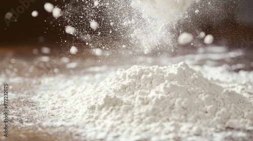 A close-up of flour being poured, creating a cloud of fine particles.