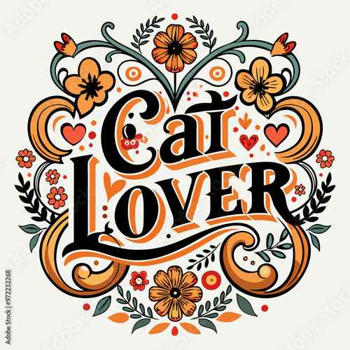 vector illustration of a floral design with text cat lover isolated on white background. PNG Transparent file type with high definition quality And vibrant color grading Available.