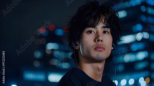 copy space, stock photo, attractive Asian man, urban backdrop, with headphones and a shirt on photo