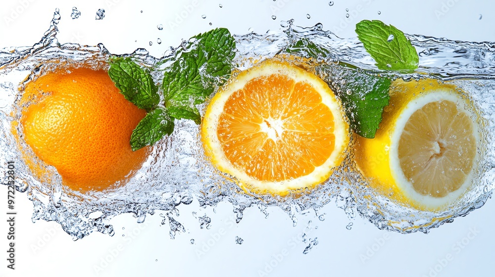 Orange, lemon, and mint leaves splashing into water.