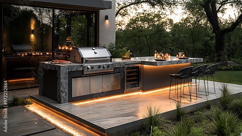 Wallpaper Mural A sleek contemporary outdoor kitchen with a built-in stainless steel grill, a marble countertop, a refrigerator, and modern bar seating, Torontodigital.ca