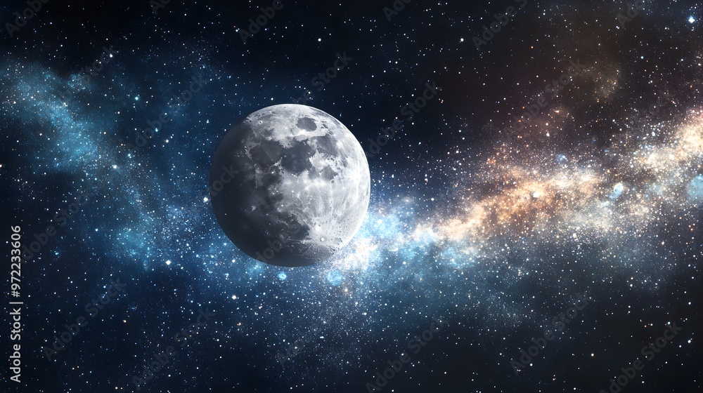 Panoramic view of the moon out in the space Panoramic view of the moon out in the space