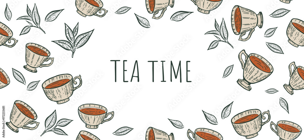 Cup of tea and Green leaves pattern on white, hand drawn illustrations
Cup of tea and Green leaves pattern on white, hand drawn illustrations