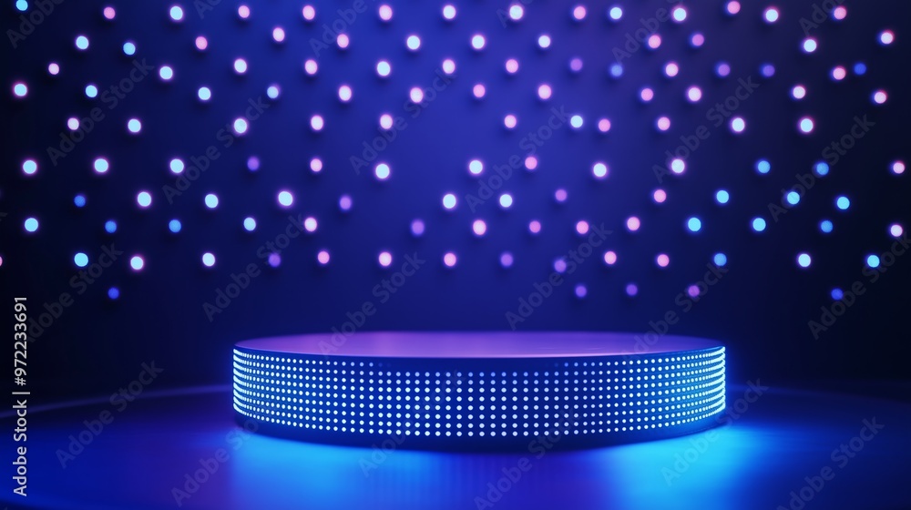 3D digital product background with neon lights, silver block podium ...