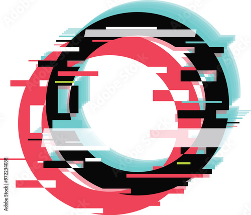 Colorful abstract shapes are overlapping, creating a glitch effect