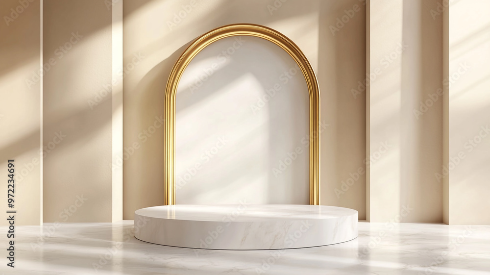Elegant golden arch display against a minimalist backdrop in a bright interior setting Elegant golden arch display against a minimalist backdrop in a bright interior setting