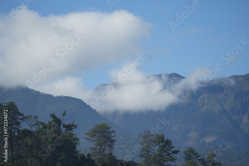 Beautiful view of Mount Bawakaraeng covered in morning mist photo