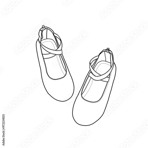 Vector sketch of flat shoes and sandals for babies or kids with elastic straps and zippers on the back. Isolated on a white background