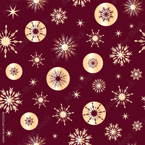 Seamless Christmas Pattern with Golden Stars and Snowflakes on Red, Burgundy Background, Vector Hand-Drawn Festive Shiny Design for Wallpaper, Cards, and Holiday Packaging.