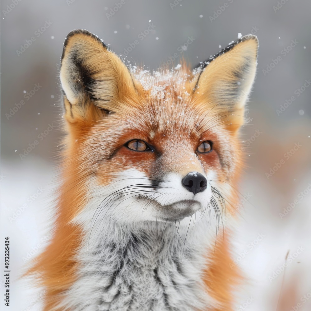 A close-up of a majestic red fox amidst a snowy landscape, showcasing its vibrant fur and keen expression. A close-up of a majestic red fox amidst a snowy landscape, showcasing its vibrant fur and keen expression.