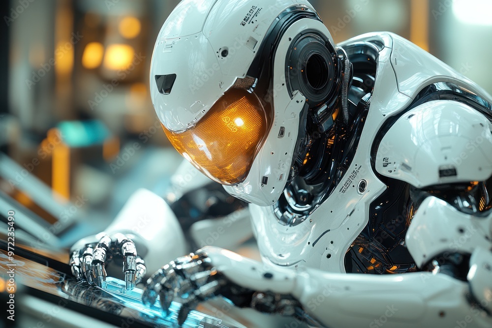 Fototapeta premium A futuristic robot interacting with a digital interface.