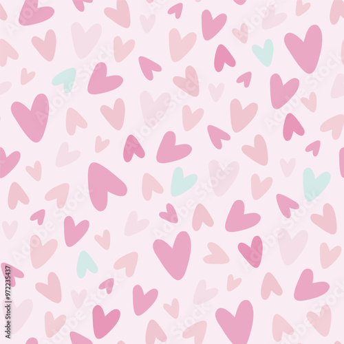 Pink And Mint Pastel Hearts In Repeated Surface Vector Background, Valentine Seamless Pattern, Simple Delicate Pastel Pink Heart Background.