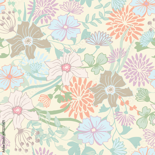 Floral Seamless Pattern, Meadow, Boho Vintage Style, Spring Sale, Discount, Fabric, Textile, Background, Vector Hand-Drawn Pastel Flowers Wallpaper.