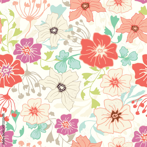Wallpaper Mural Seamless Floral Pattern with Pastel Flowers and Blossoms, Boho Vintage Style, Light Beige Background, Hand-Drawn Organic Shapes for Wallpaper, Textile, Packaging, and Fabric Design. Torontodigital.ca