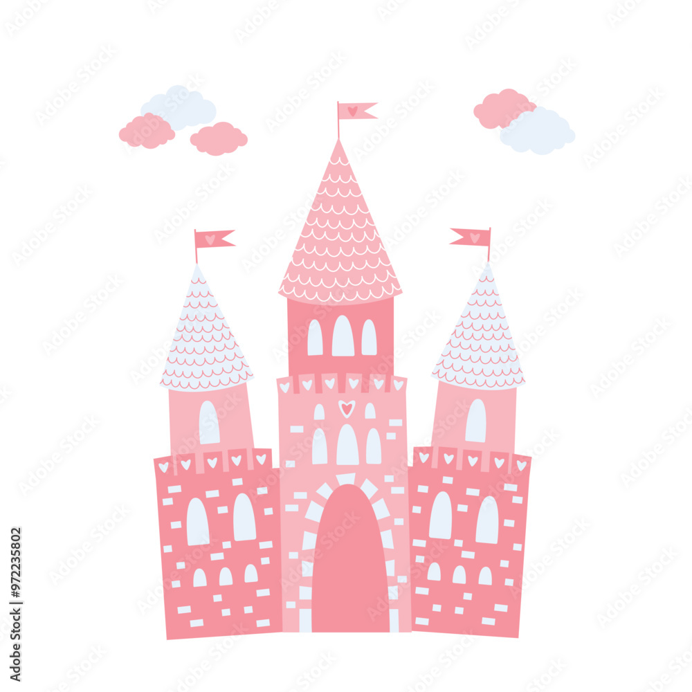 Naklejka premium Princess castle in pink color. Fairy castle for childrens illustrations. Vector isolated.