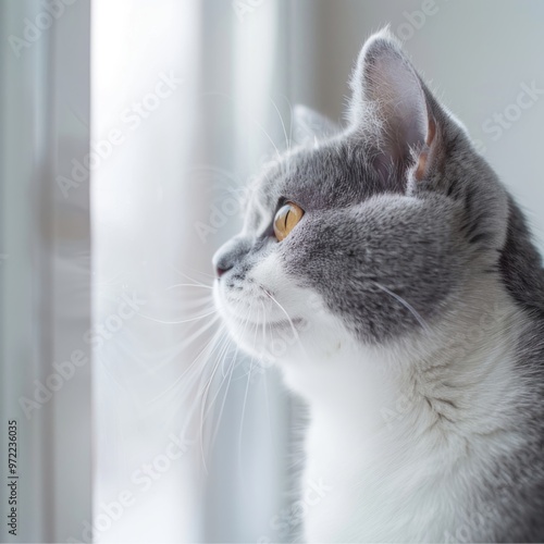 A gray and white cat gazes thoughtfully out the window, capturing a serene moment of curiosity and contemplation.