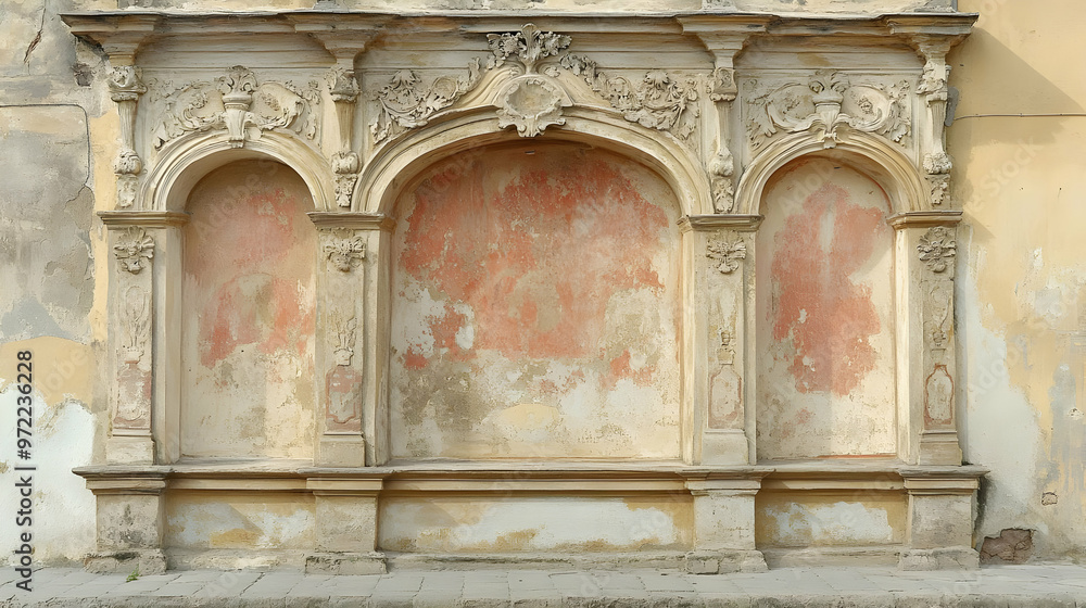 Ornate Architectural Detail of an Old Building with Arches and Stonework Ornate Architectural Detail of an Old Building with Arches and Stonework